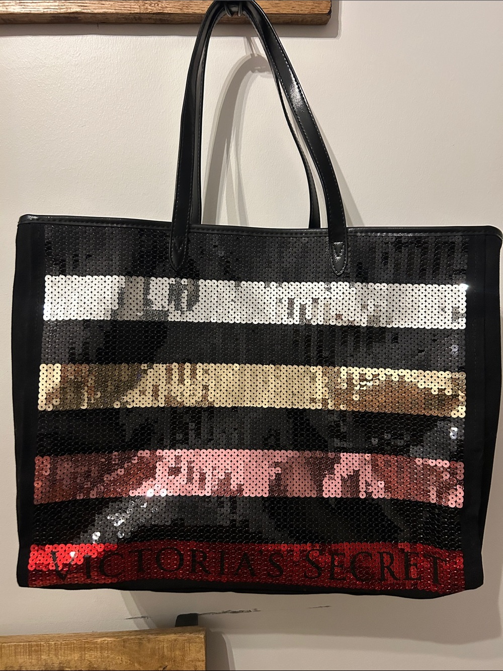 Victoria's Secret Sequin Stripe Tote Bag in Black with Metallic Accents